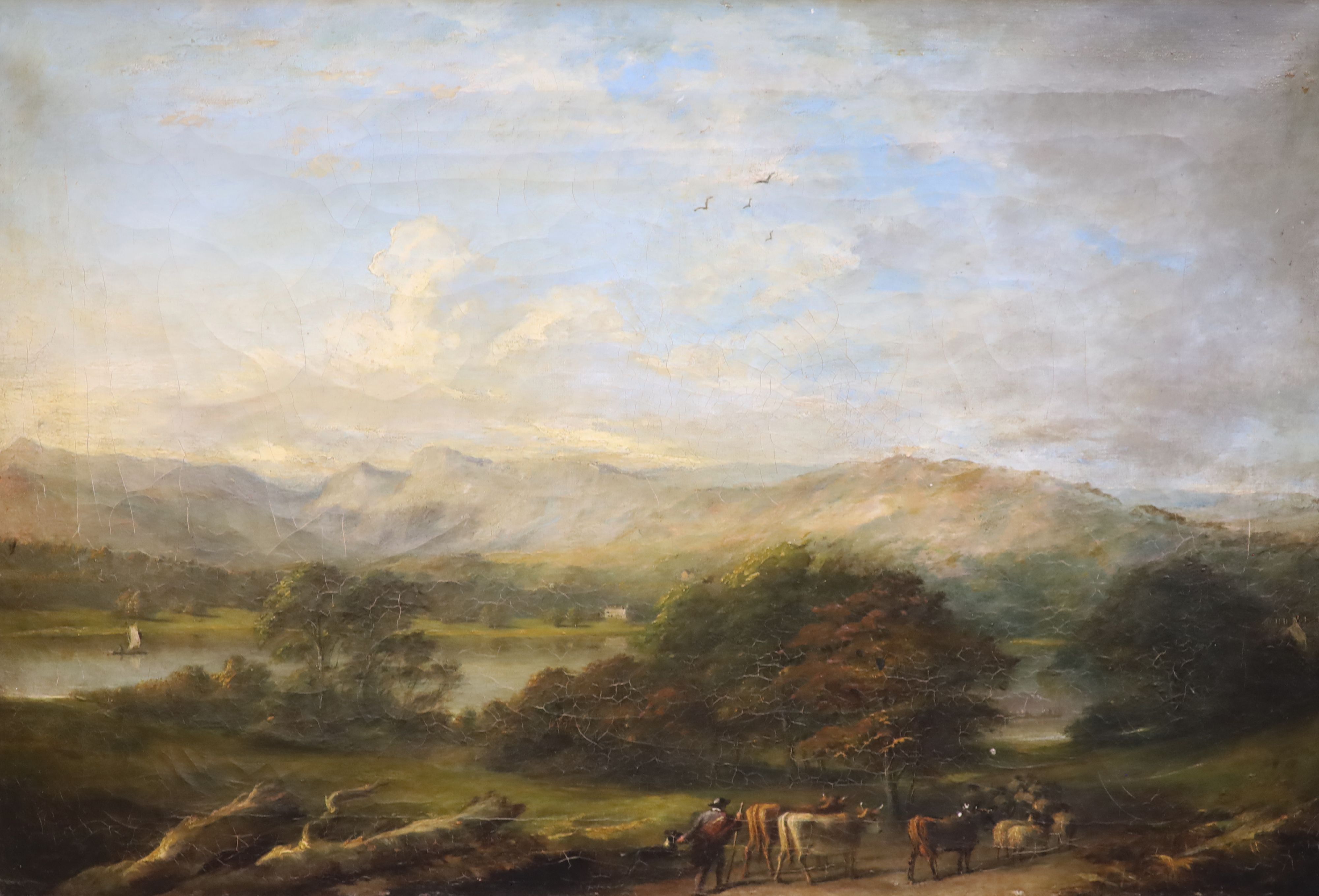 J.F Bird (19th C.) Cattle drover in a landscape 52 x 76cm.